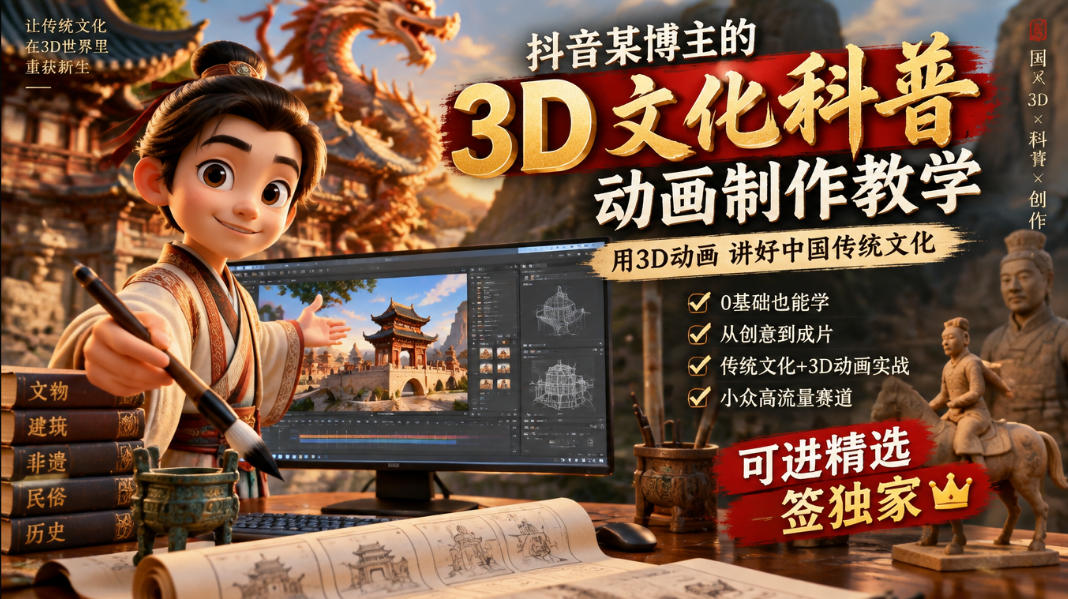 零基础Blender3D国风科普动画制作教程，抖音精选独家签约变现