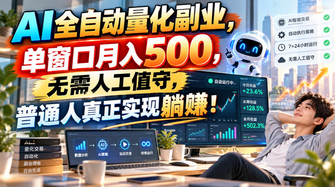 AI量化交易副业教程：单窗口变现500步骤无需值守，小白1小时上手