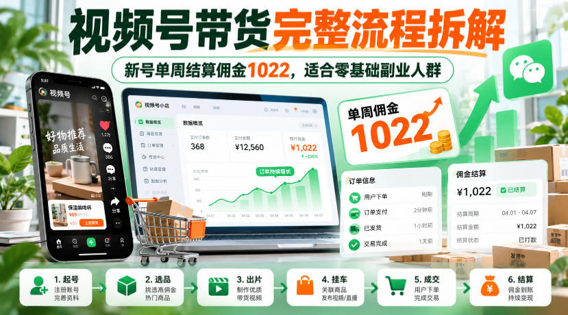 视频号带货完整流程拆解：零基础新号单周佣金1022实操