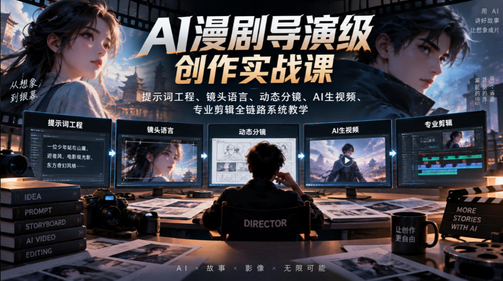 AI漫剧导演级创作实战课：提示词工程+镜头语言+动态分镜+AI生视频+剪映剪辑全链路