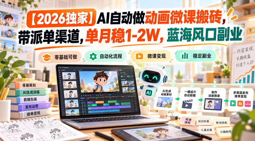 AI动画微课制作副业教程｜带派单渠道 单月稳1-2W 蓝海风口