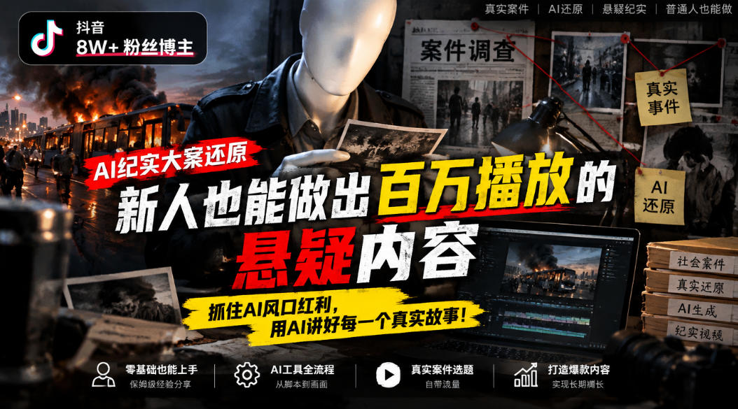 抖音8W粉博主AI纪实大案还原教学，零基础做百W播放悬疑内容