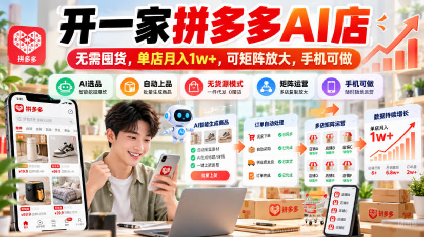 拼多多AI店无货源怎么开？手机可做单店变现1w+可矩阵