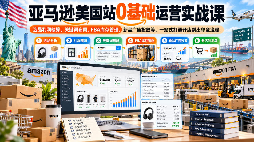 亚马逊美国站0基础运营实战课：选品利润核算+FBA库存+新品广告