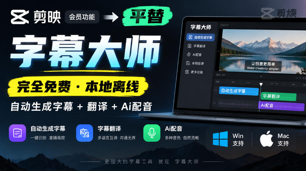剪映平替！字幕大师免费离线：自动字幕翻译AI配音 Win/Mac