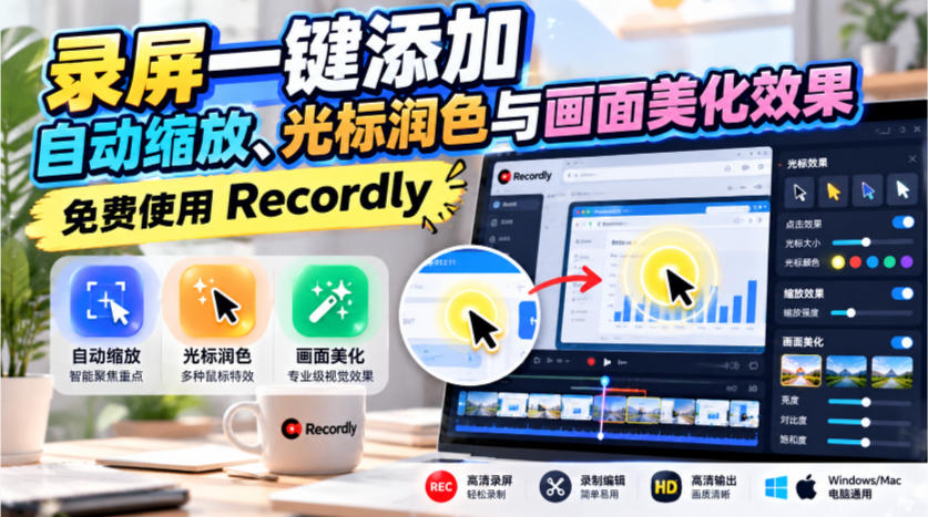 录屏自动缩放光标特效一键美化，Recordly免费录屏工具全平台可用