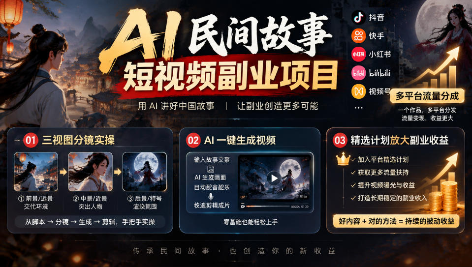 AI民间故事短视频副业：DeepSeek+豆包三视图分镜，多平台流量分成实操