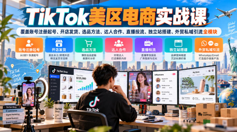 TikTok美区电商实战课：账号注册起号到选品投流独立站全流程