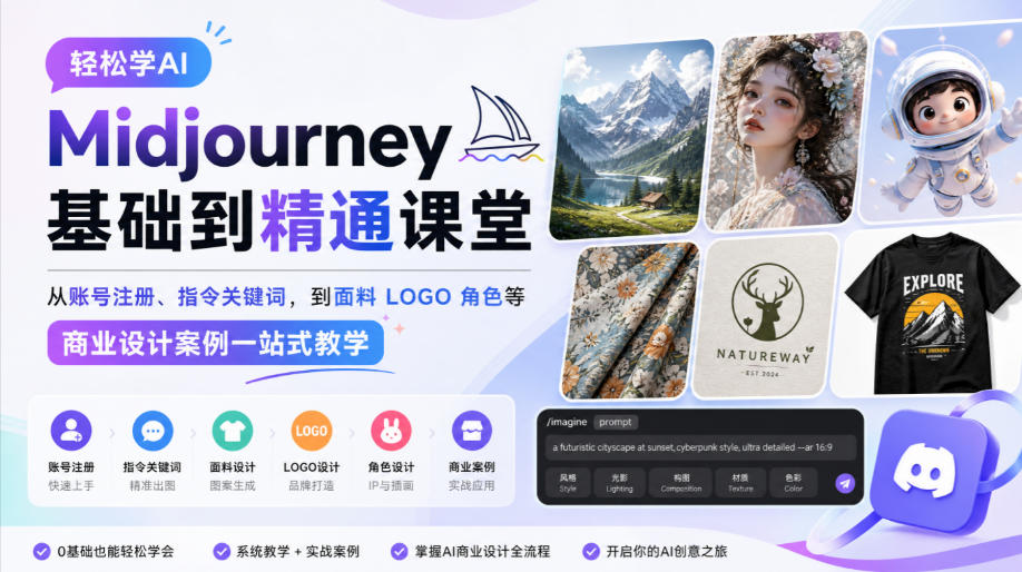 轻松学AI Midjourney基础到精通：账号注册/关键词/商业设计案例一站式教学