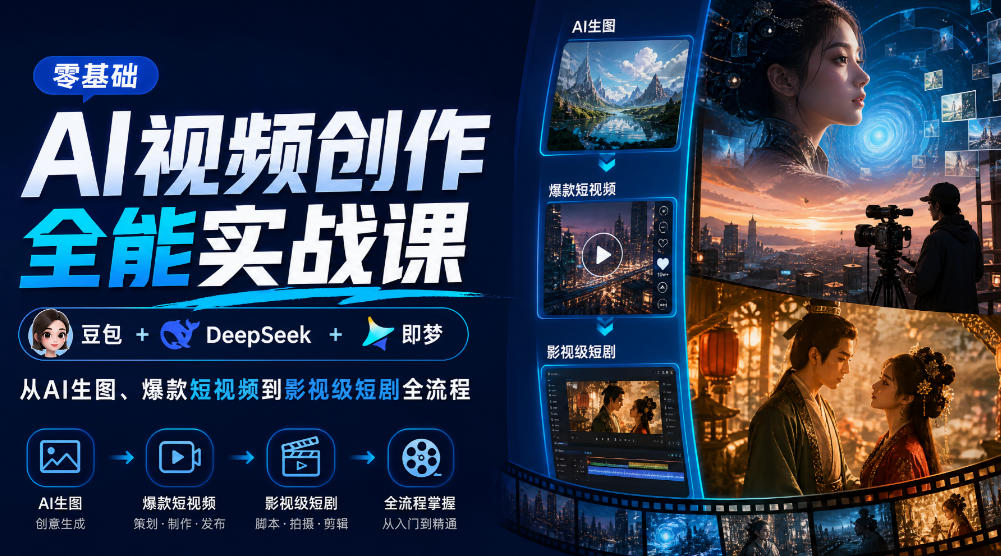 零基础AI视频创作全能实战课：豆包+DeepSeek+即梦AI生图短视频短剧全流程