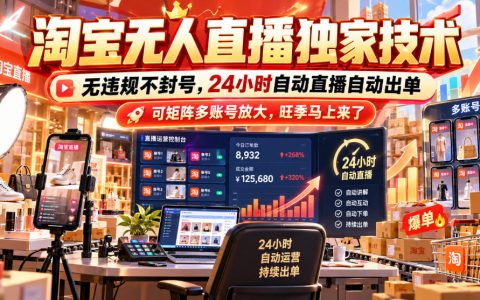 淘宝无人直播技术教程：24小时自动出单不封号，上班族学生党副业矩阵可放大