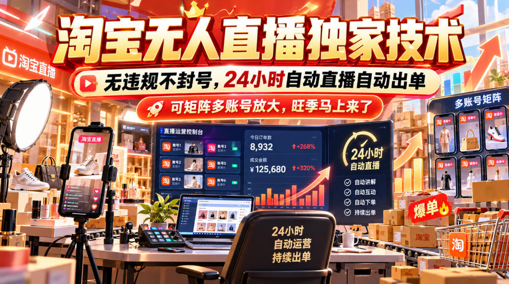 淘宝无人直播技术教程：24小时自动出单不封号，上班族学生党副业矩阵可放大
