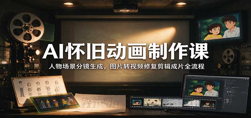 零基础AI怀旧动画制作课：人物场景分镜脚本生成、图片转视频修复剪辑成片全流程