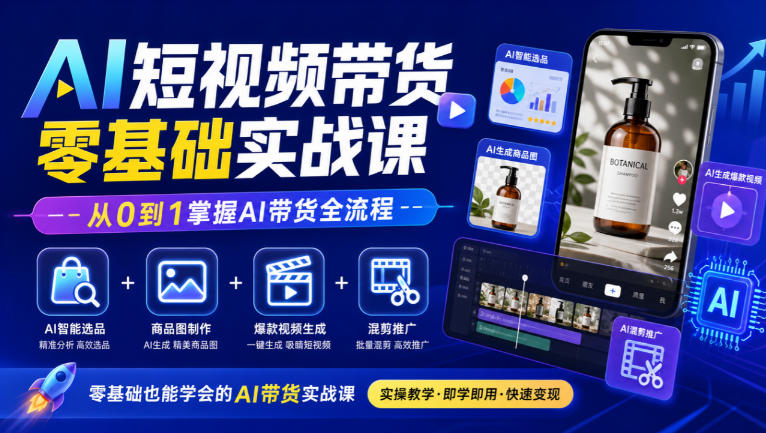 AI短视频带货零基础实战课：AI选品+商品图+爆款视频+混剪推广全流程
