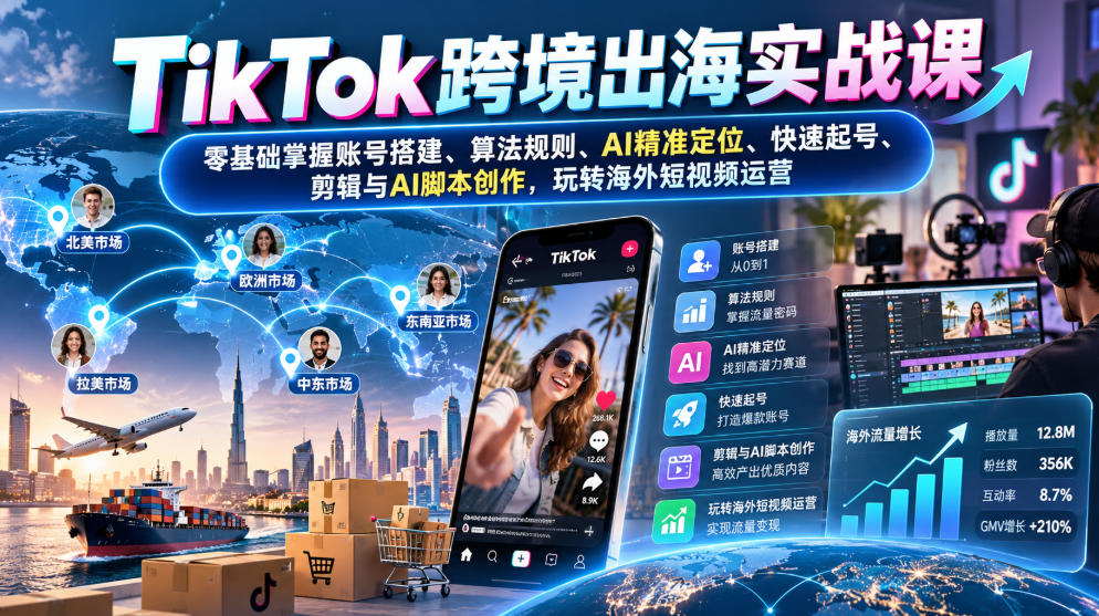 TikTok跨境出海实战课：零基础账号搭建+算法规则+AI定位起号剪辑脚本全攻略
