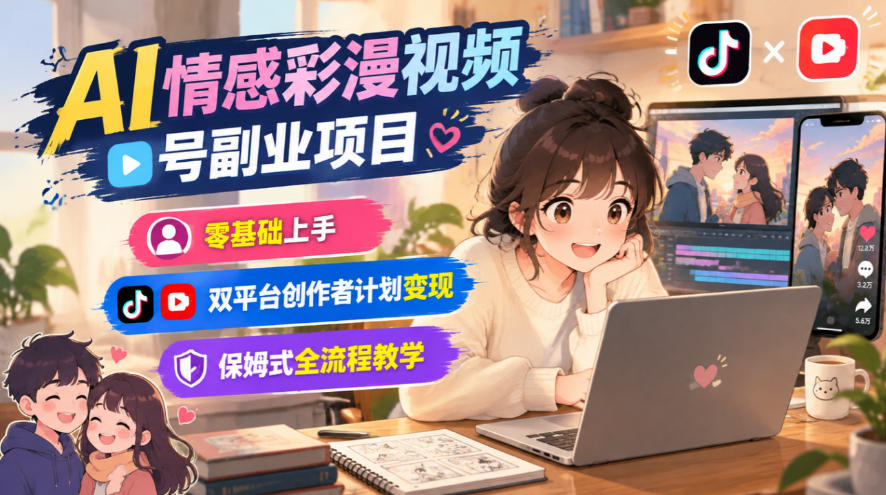 AI情感彩漫视频号副业，零基础双平台创作者计划变现教学