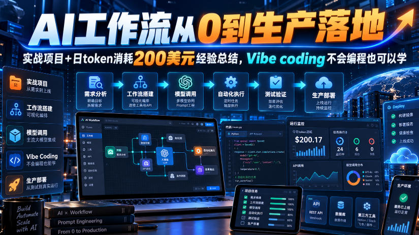 AI工作流从0到生产落地:Vibe Coding实战课+日耗200步骤美元Token成本管控 AI工作流从0到生产落地:Vibe Coding实战课+日耗200步骤美元Token成本管控