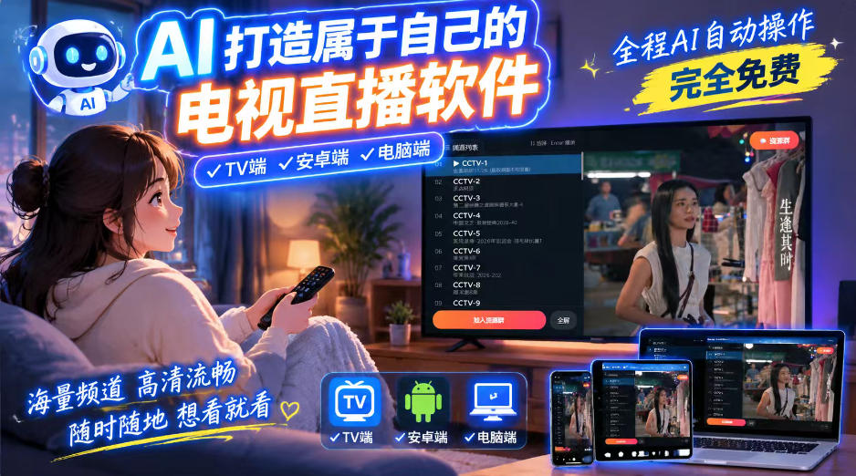 一个提示词AI自动化做电视直播软件，电脑安卓电视三端通用免费流畅